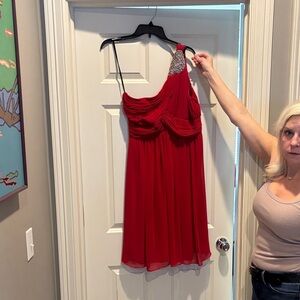 Calvin Klein Red One-Shoulder Cocktail Dress with Beaded Accent